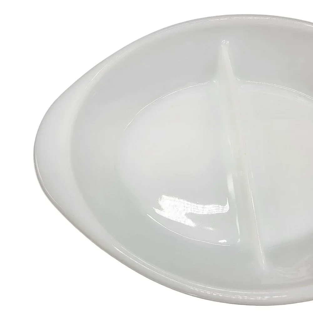 Vintage McKee Glasbake Divided Oval Milk Glass Casserole Dish Handles 2 Sides